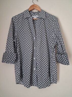 Foxcroft Womens Navy White Geometric Casual Button-Down Shirt L Equestrian